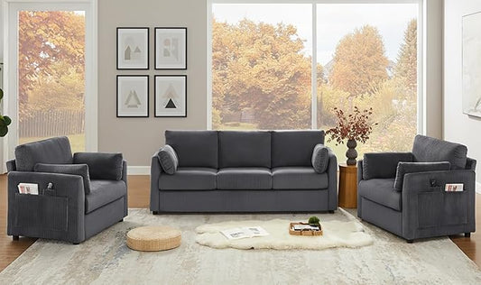 Living Room Sofa Set, Corduroy 3-Seat Couch with Set of 2 Accent Side Chairs, Soft Pillows and Side Pockets, Modern Living Room Furniture Sets for Apartment, Small Spaces, Grey