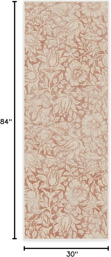 RUGGABLE x Morris & Co Washable Runner Rug – Mallow Rust Red 2.5x7, Stain-Resistant, Non-Slip Hallway Runner – Machine Washable Rug for Hallway, Entryway, Living Room & Kitchen–with Standard Pad