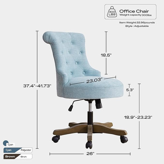 Home Office Chair Adjustable Height Swivel Chair with Wheels Linen Fabric Upholstered Computer Desk Chair with Wooden Legs Comfortable Armless Chair for Home Office Study Studio(Teal)