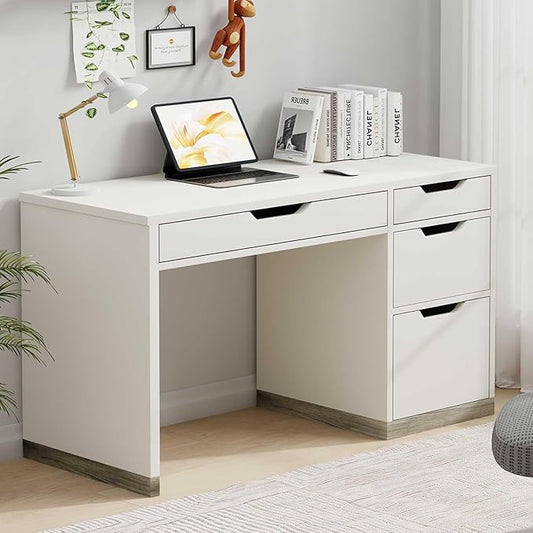 White Desk with Drawers, 48 Inch Small Computer Desk with 4 Storage Drawers for Small Space, Home Office Desk for Bedroom with Storage File Cabinet