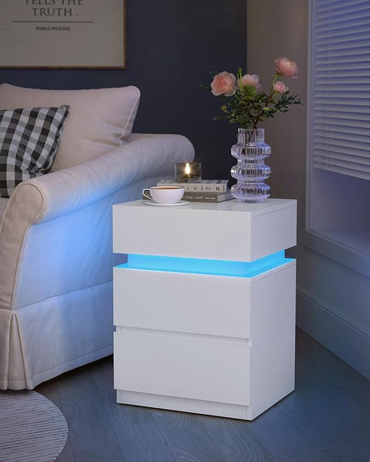 VASAGLE Nightstand with LED Lights, Adjustable Light Colors, Bedside Table, Side Table with 3 Drawers, Modern Style, 13.8 x 15.7 x 21.7 Inches, Cloud White LET630T12