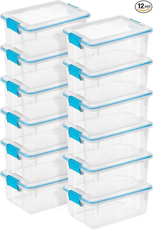 Sterilite 12-Pack Gasket Box, Weather-Resistant Storage Bins with Latching Lids, 12 Quart - Heavy-Duty Organizing Containers for Closet, Bathroom, and Office