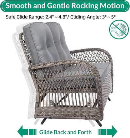 VIVIJASON 5-Piece Outdoor Patio Wicker Conversation Sets, All Weather Outdoor Rattan Furniture Set Includes Glider Loveseat, 2 Coffee Table, 2 Rocking Chairs with Cushions for Backyard, Grey