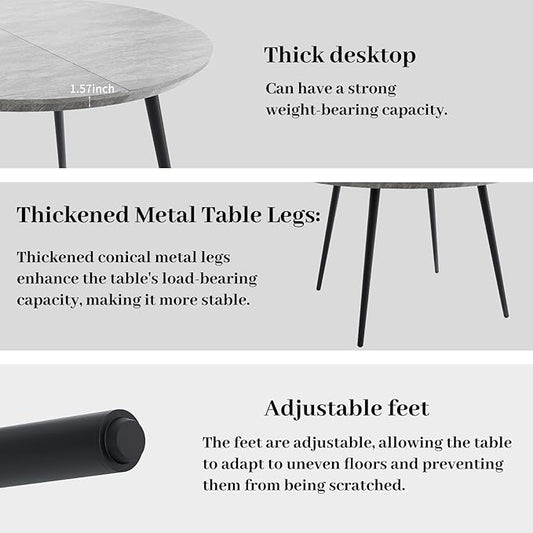 43.3"-59.1" Extendable Dining Table Set with Metal Legs, Wooden Round Kitchen Table for 4-6 Person, Gray Coffee Table w/Easy-Clean Tabletop