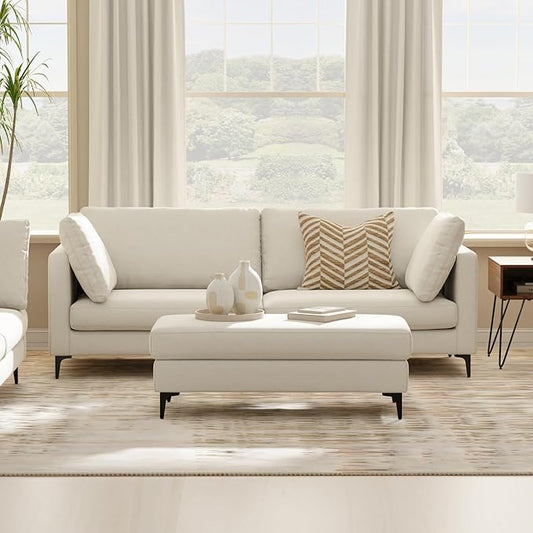 SIMPLIHOME Ava Sofa and Ottoman in 100% Recycled Polyester Performance Fabric, Cream, 90-inch-wide 3-Seater Couch and Matching 36-inch-wide Table Ottoman for Living Room, 2-Piece Set