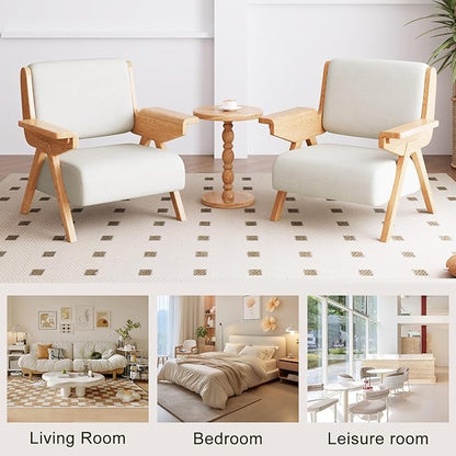 Mid Century Modern Accent Chair, Fabric Upholstered Lounge Arm Chair with Solid Wood Frame for Living Room, Bedroom, Office, Reading Corner (White, Single Chair)