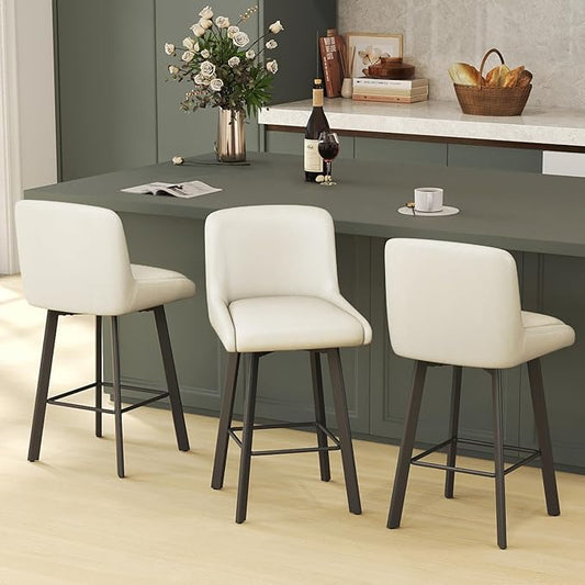Swivel Bar Stools, 26''H Upholstered Barstools with Backs, Modern Counter Height Bar Stool Chairs for Kitchen Island, Metal Legs (Beige- Faux Leather, Set of 3-26" H)