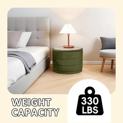 PINPLUS Large Round Velvet Storage Ottoman, Olive Green Upholstered Footstool with Hidden Storage, Sturdy Coffee Table Ottoman for Living Room & Bedroom