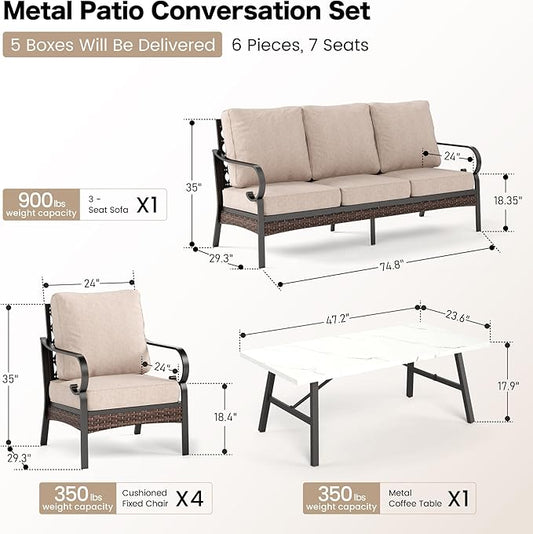 6 Piece Metal Outdoor Patio Furniture Sets, Patio Conversation Sets 1 3-Seater Sofa, 4 Single Sofa with 5.75" Extra Thick Cushion & Coffee Table, Black Frame Backyard Furniture, Beige