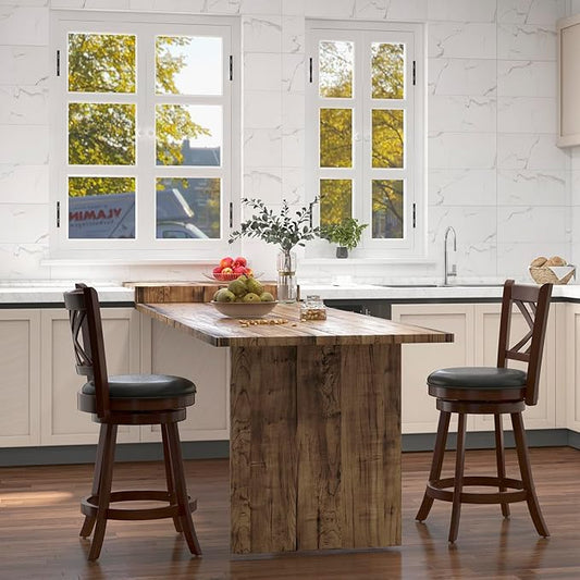 COSTWAY Bar Stool Set of 2 for Kitchen Island, Swivel Upholstered Counter Height Barstools with PU Surface, Rubber Wood Frame, 360° Rotatable Seat, Curved Back, Sturdy Footrest (2, 24" Seat Height)