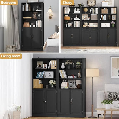 72'' Tall Bookcase with Doors, Adjustable Shelves, P2 MDF Construction, 32'' Wide Freestanding Cabinet with Metal Handles, Hidden Storage for Living Room, Bedroom, Black