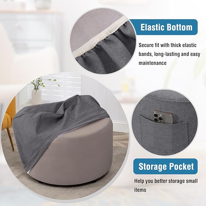 H.VERSAILTEX Round Ottoman Cover Thick Linen Look Ottoman Slipcover Round Ottoman Storage Cover Folding Stool Covers Furniture Protector Cover for Footrest Ottoman Fit Dia 36" - 38", Heather Grey