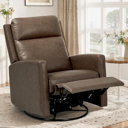 Swivel Rocking Recliner,Wide PU Leather Glider Sofa Chair with Ergonomic High Backrest for Living Room, Bedroom, Office（Warm Gray）