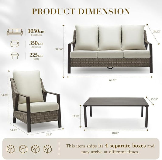 4 Piece Patio Furniture Set, All-Weather Wicker Outdoor Conversation Set with 4.72" Olefin Thick Cushions – 3-Seat Sofa, 2 Armchairs & Coffee Table for Deck, Porch, Balcony, Backyard, Beige