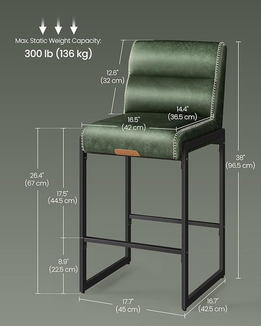 VASAGLE EKHO Collection - Bar Stools Set of 2, Counter Height Stools with Backs, 26.4-Inch Barstools Chairs, Synthetic Leather with Stitching, Mid-Century Modern, Dining Kitchen Island, Forest Green