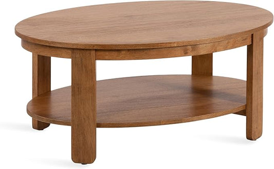 Kate and Laurel Foxford Modern Tiered Oval Coffee Table; 38 x 24 x 18; Natural Brown; Transitional Two-Tier Living Room Table with Storage and Resilient Wood Construction