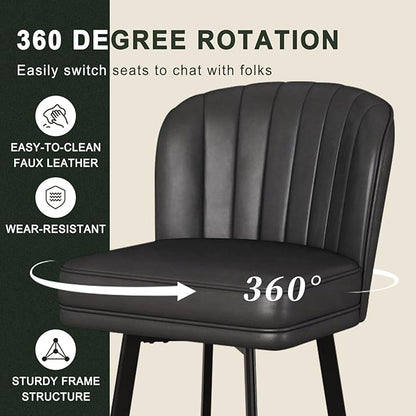 Swivel Counter Height Bar Stools Set of 3, 30'' Modern Barstools with Backs and Metal Legs, Upholstered Bar Chairs, Faux Leather Black Stools for Kitchen Island Chairs