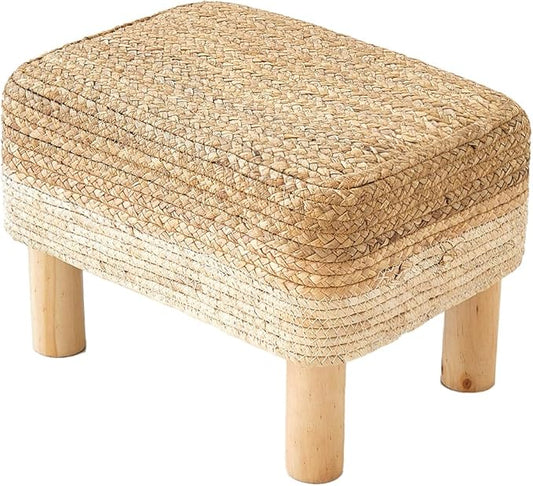 Ottoman Foot Stool Rectangular Footrest Natural Seagrass Footstool with Wooden Legs Hand Weave Multifunctional Modern Dressing Stool, Sofa Side Table for Bedroom for Living Room (White)