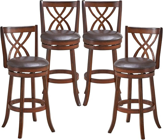 COSTWAY Bar Stools Set of 4, 360° Swivel Chairs with Rubber Wood Frame, 30-Inch PU Leather Cushioned Seat and Footrests, for Kitchen Island, Dining Room, Bar (Brown-30 inches, 4 stools)