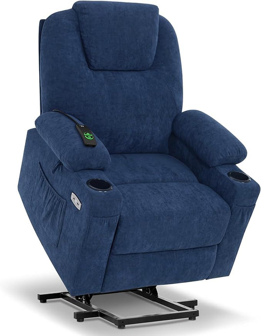 MCombo Power Lift Recliner Chair for Elderly, Lift Chair with Heat and Massage for Tall People, USB&Type C Ports, Extended Footrest, Cup Holders, Fabric 7516(Large,Admiral)