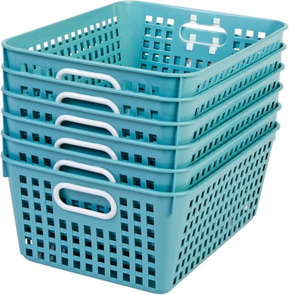 Really Good Stuff 160016WA Multi-Purpose Plastic Storage Baskets for Classroom or Home Use - Stackable Mesh Plastic Baskets with Grip Handles 13" x 10" (Water - Set of 12)