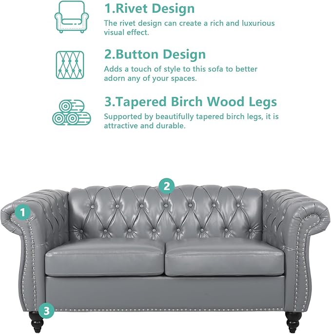2 Piece Living Room Furniture Set, Faux Leather Loveseat and Chair Set, Mid Century Modern Upholstered Sofa Couch with Cushions, Vintage Comfy Tufted Chesterfield Couches for Bedroom, Office (Grey)