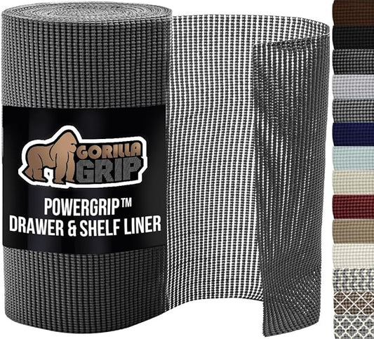 GORILLA GRIP powerGRIP Drawer Shelf and Cabinet Liner, Thick Strong Hold, Non-Adhesive Liners Protect Kitchen Cabinets and Cupboard, Bathroom Drawers, Easy Install, Breathable Mat, 12" x20', Charcoal