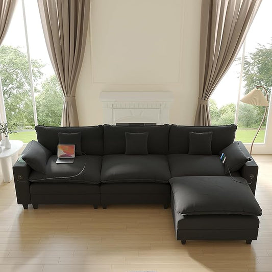 Cloud Couch, Modular Sectional Sofa with Ottoman, Charging Station, Throw Pillows, Cup Holders, Modern Convertible L Shaped Couches for Living Room, Bedroom (Classic Black, 116"- L Shape)