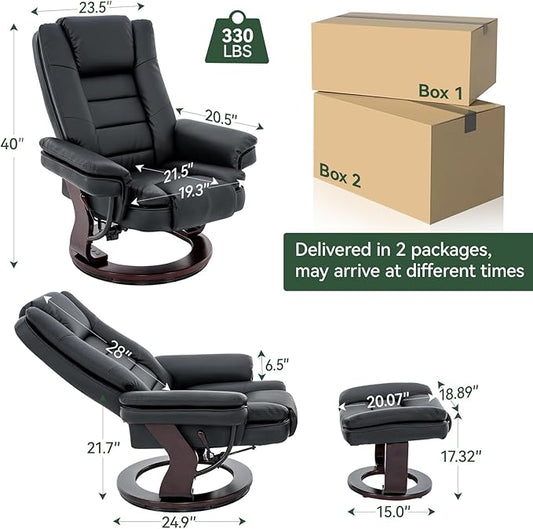 Swivel Recliner Chair with Ottoman, Adjustable PU Leather Recliner with Wood Base, Thick Padded Cushion, Modern Reclining Chair & Ottoman Set for Living Room, Bedroom, Office, Small Spaces (Black)