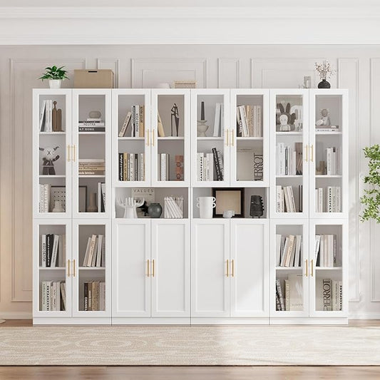 VOWNER Bookcase with Glass Doors & Drawers, 5 Tier Bookshelf with Adjustable Shelf, Modern Large Storage Display Cabinet Set for Home Office, Living Room, White (CDDC)