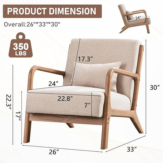 ANJHOME Mid Century Modern Accent Chairs Set of 2, Single Fabric Lounge Reading Armchair with Solid Wood Frame, Easy Assembly Arm Chairs for Living Room Beige 2