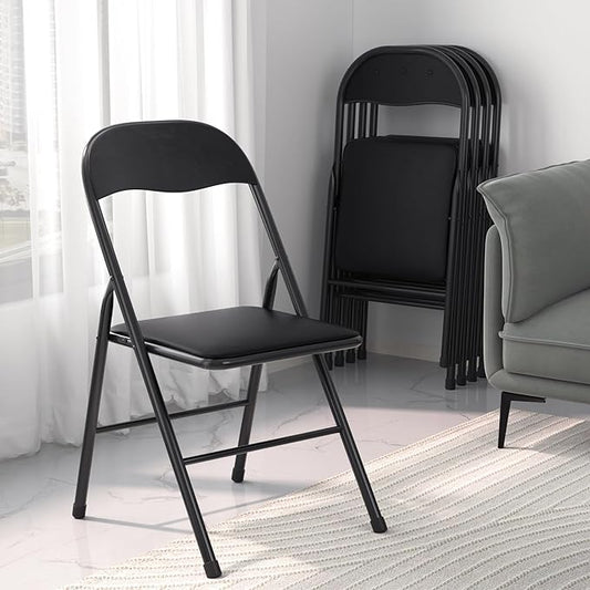 VECELO Folding Chairs 8 Pack Metal Portable with Soft PU Padded Seats for Home/Office/Party, Black