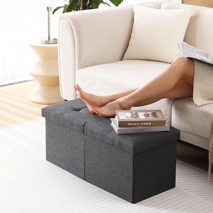 CUYOCA Storage Ottoman Bench Foldable Seat Footrest Shoe Bench End of Bed Storage with Flipping Lid, 75L Storage Space, 30 inches Linen Fabric Black