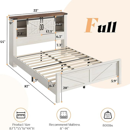 AMERLIFE Farmhouse Full Bed Frame, Rustic Wood Platform Bed Barn Door Storage Bookcase Headboard & Charging Station, Bedroom Furniture, No Box Spring Needed, Antique White