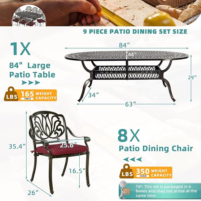 MEETWARM 9-Piece Outdoor Patio Dining Set, 8 Outdoor Dining Cushioned Chairs and 1 Oval Table with 2" Umbrella Hole, All Weather Cast Aluminum Patio Funiture Set for Backyard, Patio, Garden, Chili Red