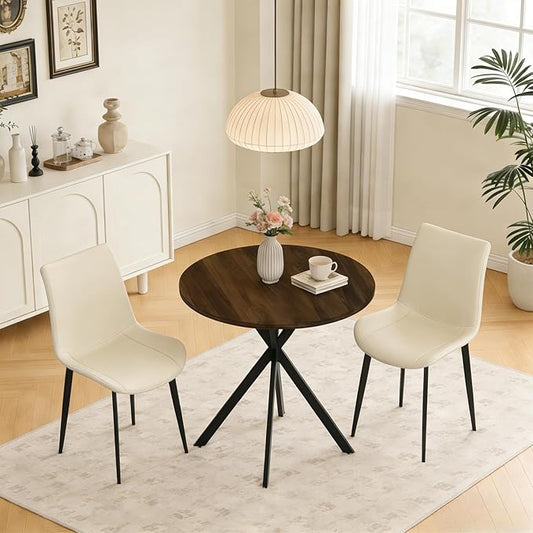 31.5" Round Dining Table and Chairs Set for 2, Small Dining Table Chairs Set Space-Saving, Small Dinette Sets for 2 for Kitchen Dining Room Apartment(Walnut Table + Beige Chairs)
