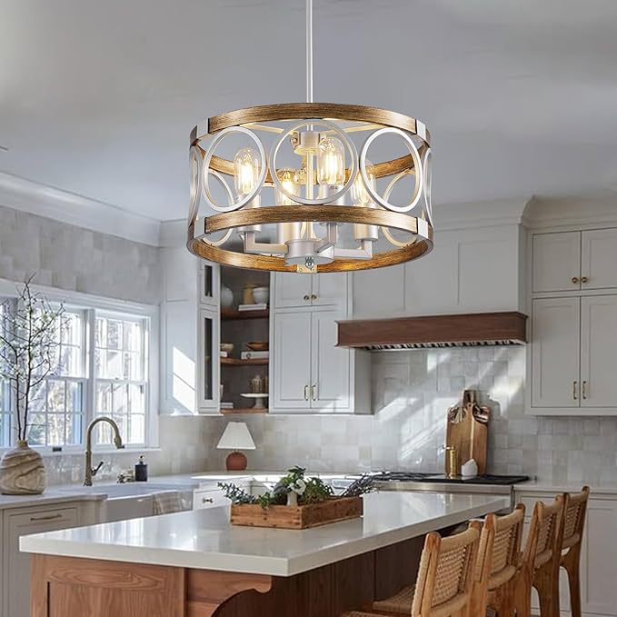 Silver Farmhouse Chandelier Light Fixture, 4-Light Kitchen Lighting Fixture Ceiling Mount, Rustic Round Ceiling Hanging Kitchen Island Lighting for Dining Room Bedroomxture