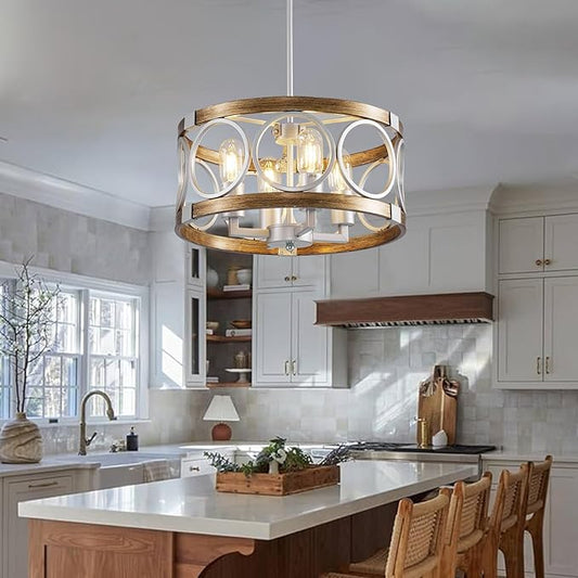 Silver Farmhouse Chandelier Light Fixture, 4-Light Kitchen Lighting Fixture Ceiling Mount, Rustic Round Ceiling Hanging Kitchen Island Lighting for Dining Room Bedroomxture