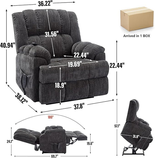 Power Lift Recliner Chair for Elderly, Oversized Chenille Electric Recliners Chairs for Living Room, Dual Motor 180° Lay Flat Recliner Big Sofa with Massage and Heating, Heavy-Duty, Grey