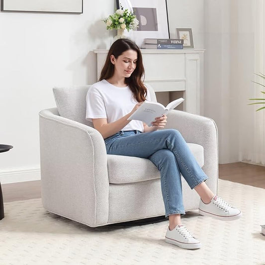 MINCETA Oversized Accent Chair for Living Room, 360° Swivel Barrel Chair with High Density Foam, Modern Reading Chair with Performance Fabric Upholstered Armchair for Apartment, Bedroom White