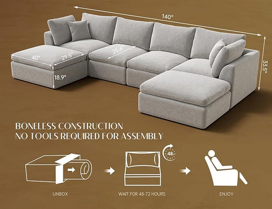 Oversized Cloud Sectional Couches for Living Room, Boneless U Shaped Couch with Ottoman, 4 Seater Modular Sectional Sofa, Light Grey