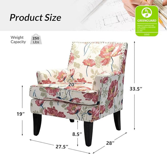 HULALA HOME Modern Accent Chairs Set of 2, Farmhouse High Back Floral Chairs with Wooden Legs & Nail Head Trim, Comfy Upholstered Armchairs for Living Room/Bedroom (Red Yellow Floral)