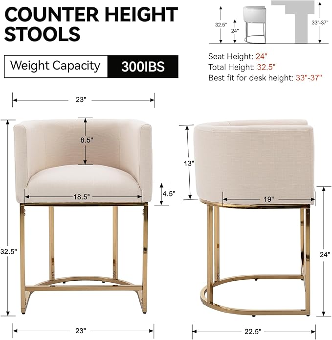 Contemporary Cream Linen Bar Stools Set of 3, 24" Upholstered Fabric Counter Height Barstools Kitchen Counter Island Stools with Screwed Together Golden Metal Base