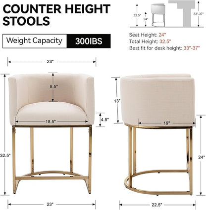 Contemporary Cream Linen Bar Stools Set of 3, 24" Upholstered Fabric Counter Height Barstools Kitchen Counter Island Stools with Screwed Together Golden Metal Base