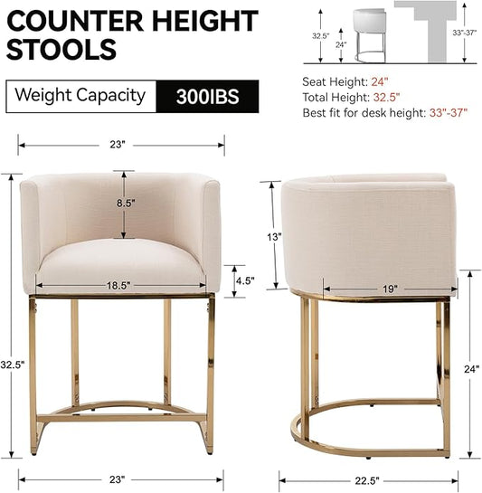 Linen Bar Stools Set of 2, 24" Contemporary Upholstered Fabric Counter Height Bar Stools Kitchen Counter Island Stools Barstools with Golden Metal Base, Cream