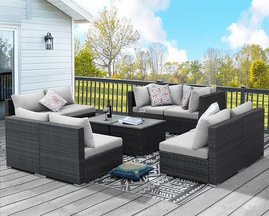NICESOUL 10 Piece Outdoor Furniture Set, Extra Large Patio Modular Sectional Sofa with Side Tables, 29.3'' High Back Comfy Rattan Conversation for Backyard Garden Deck, Deep Wide Seated Couch, Grey