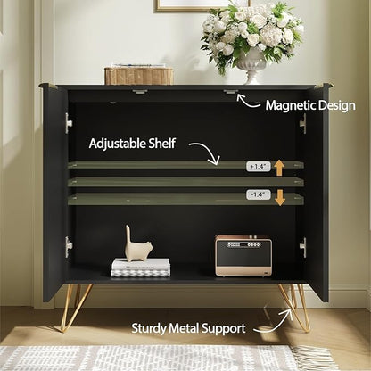 Fluted Storage Cabinet, 2 Doors Sideboard Buffet Cabinet, Modern Wood Accent Table with Adjustable Shelves, Console Table for Living Room, Hallway, Entryway, Black