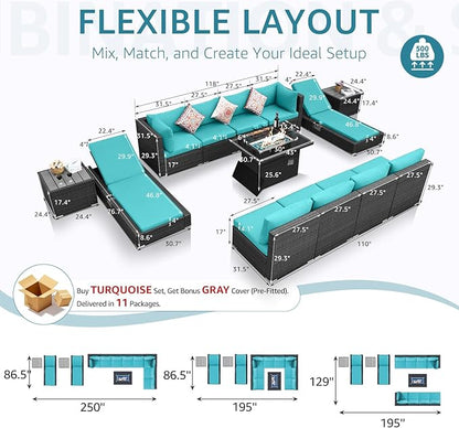 NICESOUL 13-Pieces Outdoor Patio Furniture Firepit Set, High-End Big Group Full Patio Set with Lounge Chairs, Weather-Resistant Wicker Backyard Pool Sofa and Chaise Comfy Deep Sitting, Grey&Turquoise