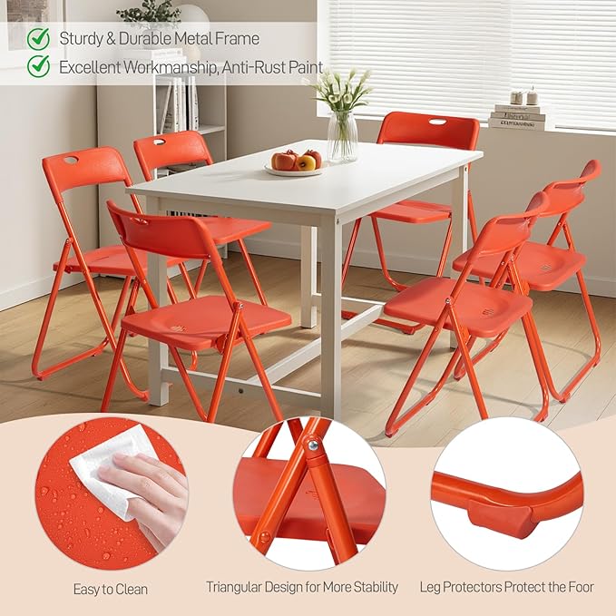 Karl home 10 Pcs Folding Chair, 300LBS Lightweight Foldable Plastic Chair, Reinforced Metal Frame Easy to Fold & Store for Indoor & Outdoor, Wedding, Party, Meeting Room, Patio and Garden, Orange