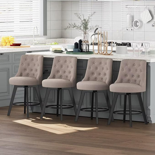 MINCETA Set of 4 Upholstered Bar Stools - 26 Inch Swivel Counter Height Stools with Low Tufted Back, Footrest & Performance Fabric - Round Seat for Kitchen Island & Home Bar Taupe